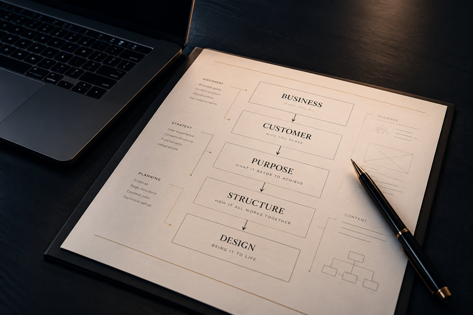 Strategy paperwork mapping business, customer, purpose, structure and design beside a laptop